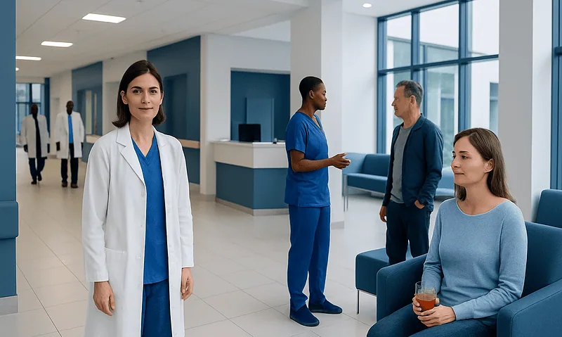 Healthcare professionals and patients in a modern hospital lobby.