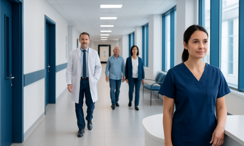 Healthcare professionals walking in hospital corridor at Acibadem Hospitals Group.