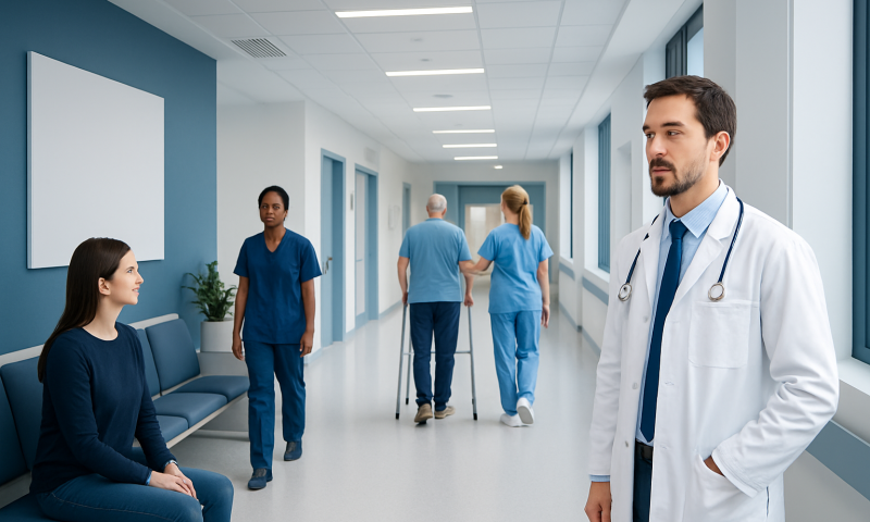 Healthcare professionals and a patient in a modern hospital corridor.
