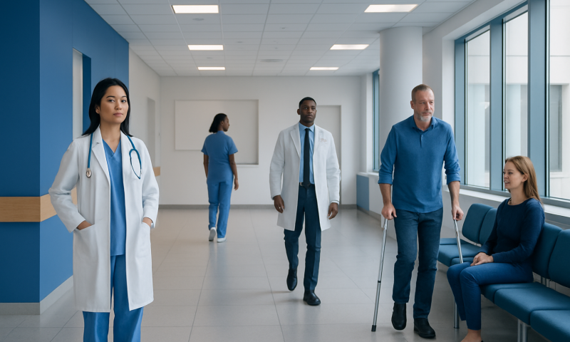 Hospital corridor with medical staff and patient in waiting area.