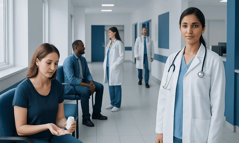 Healthcare professionals and patients in a hospital corridor.