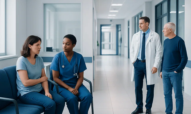 Hospital consultation with patients and doctor in a modern clinic corridor.