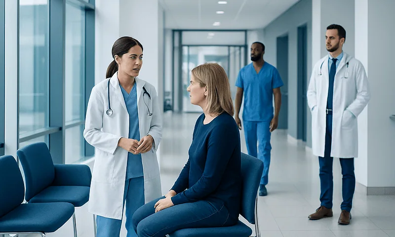 Doctor consulting a patient in a modern hospital corridor.