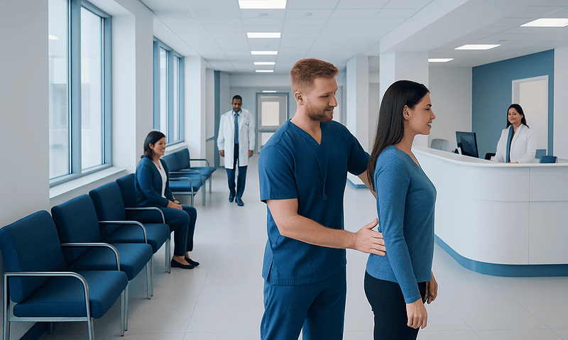 Medical professional examining a patient in a hospital corridor.