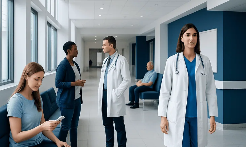 Medical professionals and patients in a modern hospital corridor.