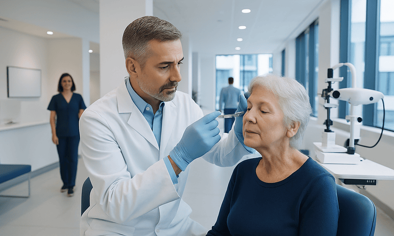 Ophthalmologist administering eye injection to elderly patient at hospital.