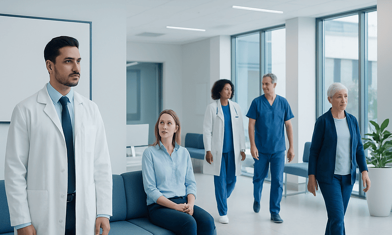 Medical team in hospital corridor with patients and staff.