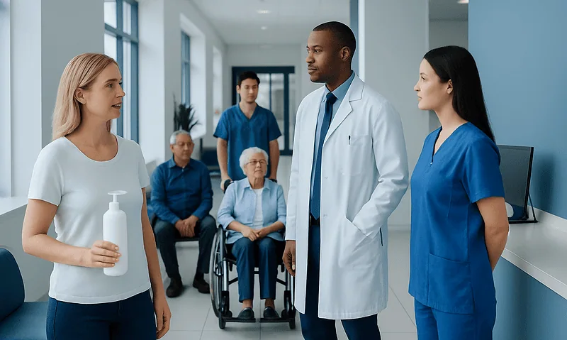 Medical consultation in hospital with diverse healthcare professionals and patients.