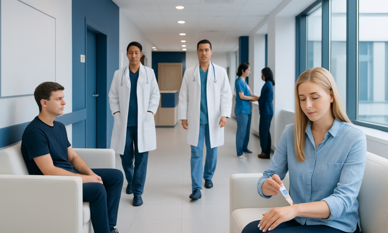 Hospital waiting area with medical staff and patients.