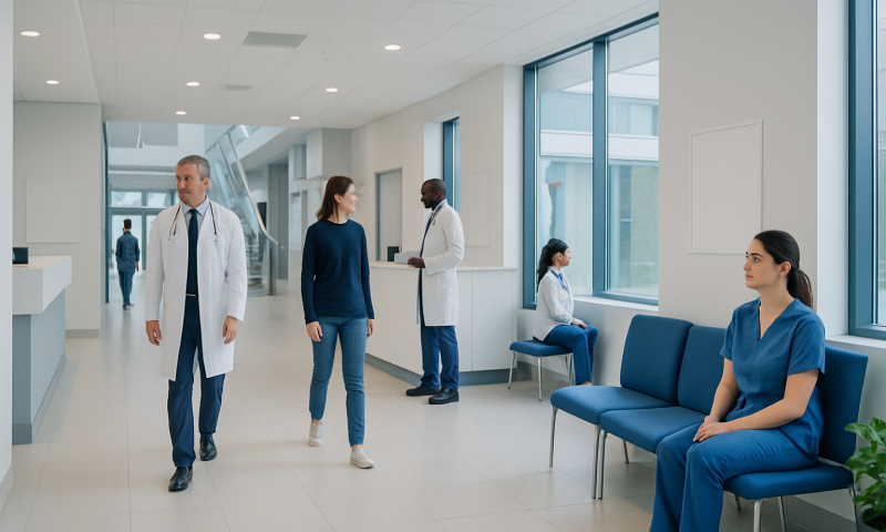 Hospital corridor with medical staff and patients in a modern healthcare facility.