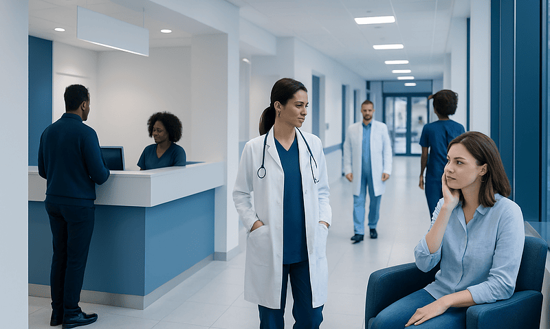 Healthcare professionals and patients in a modern hospital corridor.