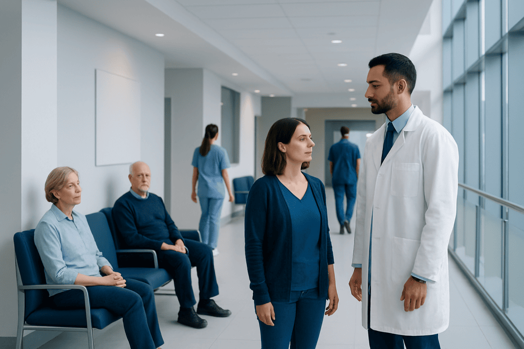 Antibodies: A Complete Medical Overview 1 Doctor talking to female patient in hospital corridor with waiting patients.