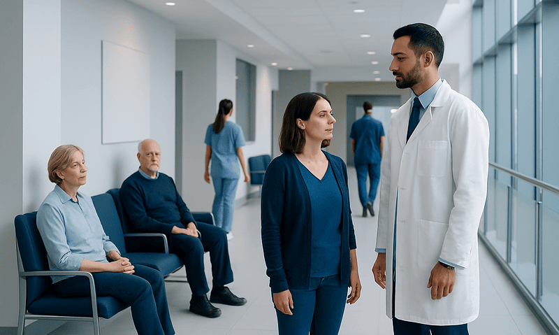 Doctor talking to female patient in hospital corridor with waiting patients.