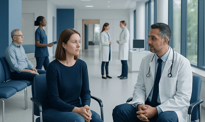 Doctor consulting a patient in a modern hospital waiting area.