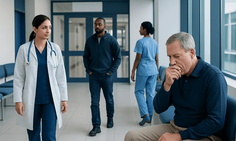 Patient experiencing nausea in hospital corridor with medical staff nearby.