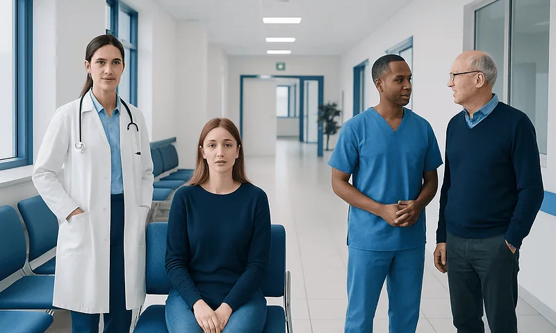 Medical team with patient in hospital corridor at Acibadem Hospitals Group.