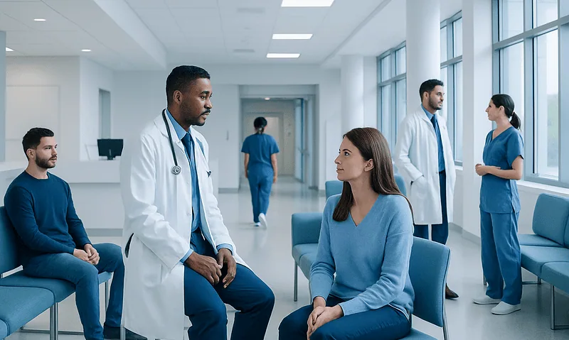 Antiplatelet: A Complete Medical Overview 6 Doctor consulting with a patient in a hospital corridor.