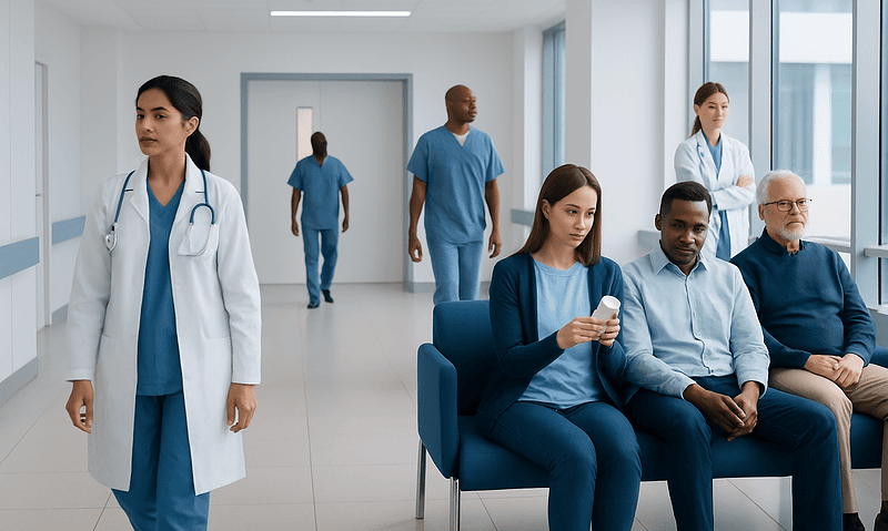 Healthcare professionals and patients in a hospital waiting area.