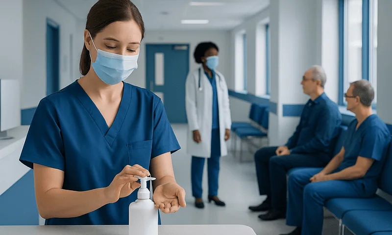 Nurse applying hand sanitizer in hospital corridor with patients and staff.
