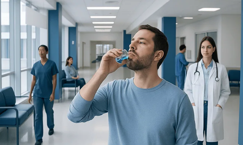 Man using antiseptic mouthwash in hospital corridor with medical staff.