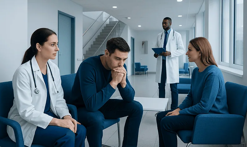 Patient consulting with healthcare professionals in a hospital waiting area.