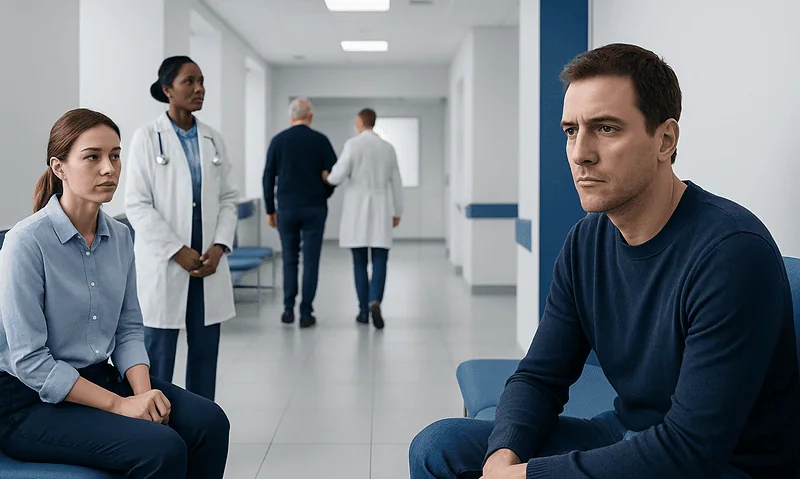 Patient waiting in a hospital corridor with medical staff nearby.