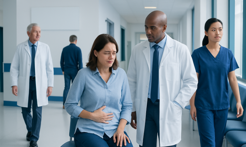 Patient experiencing abdominal pain with medical staff in hospital corridor.