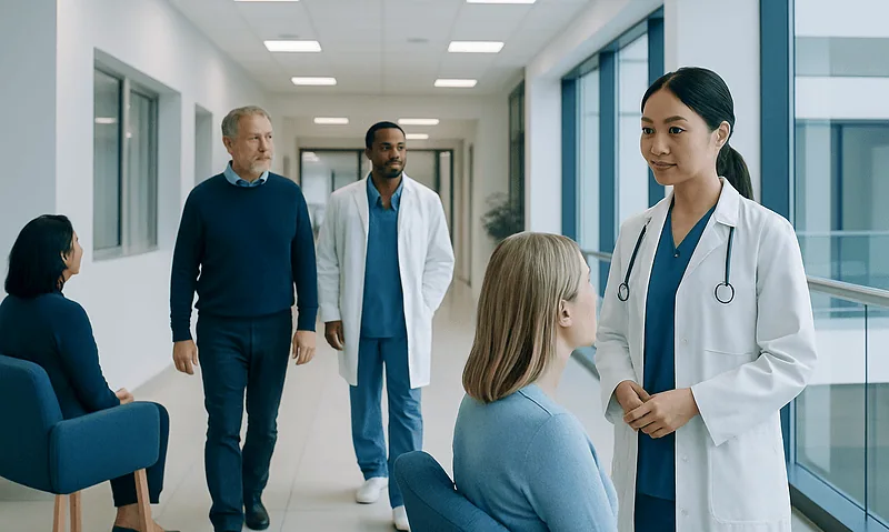 Medical consultation in a modern hospital corridor with doctors and patients.