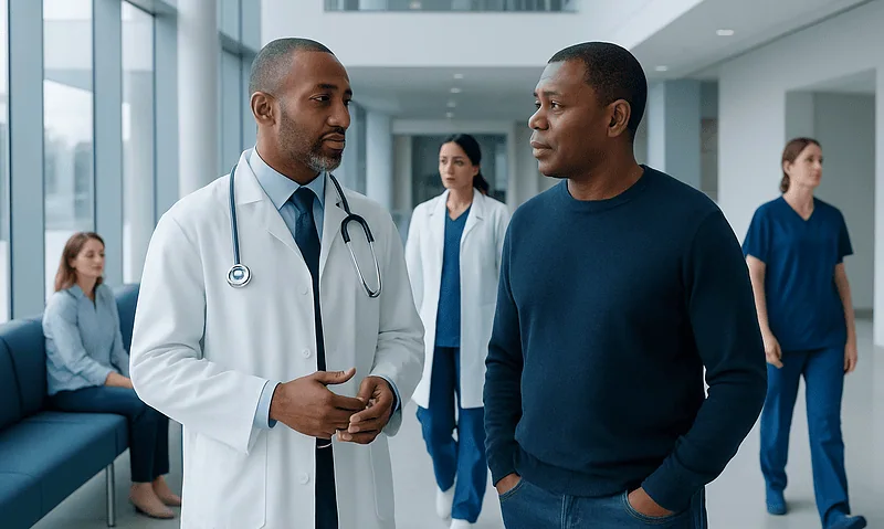 Doctor consulting patient in hospital corridor with medical staff in background.