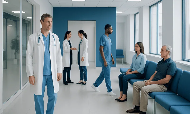 Medical team and patients in a hospital corridor at Acibadem Hospitals Group.
