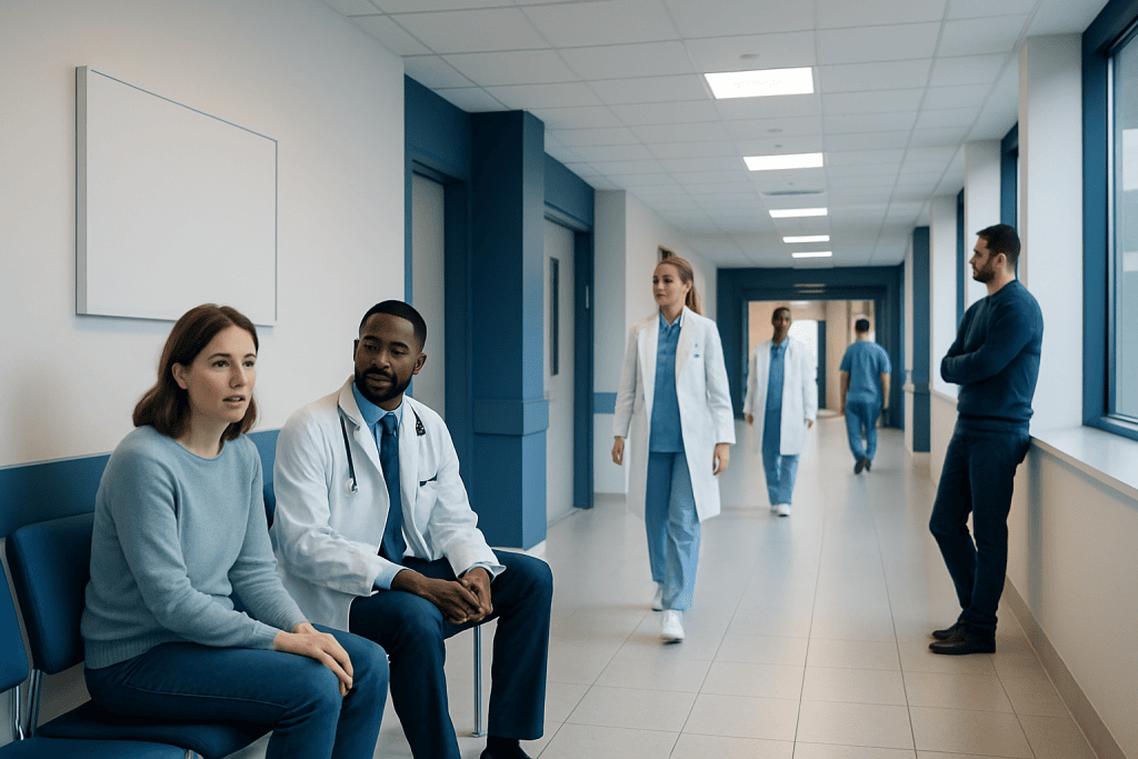 Anxiety Management — Explained by Medical Evidence, Not Myths 1 Medical staff and patients in a hospital corridor at Acibadem Hospitals Group.