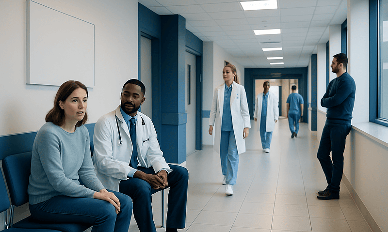 Medical staff and patients in a hospital corridor at Acibadem Hospitals Group.