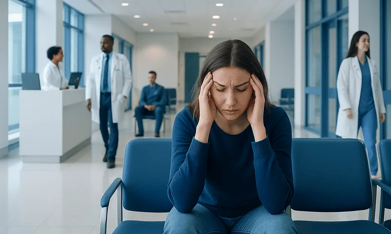 Young woman with headache in hospital waiting area, healthcare professionals in background.