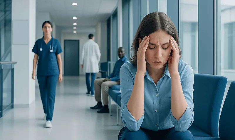 Young woman with anxiety holding her head in a hospital corridor.