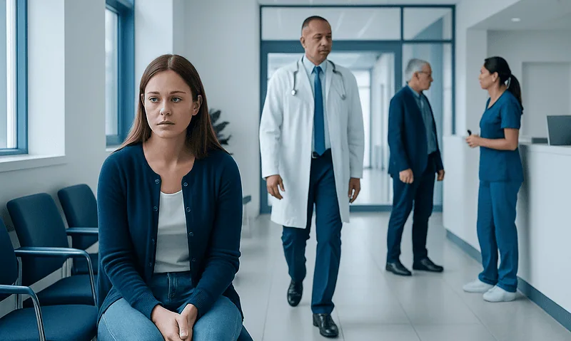 Young woman waiting in a hospital corridor with medical staff nearby.