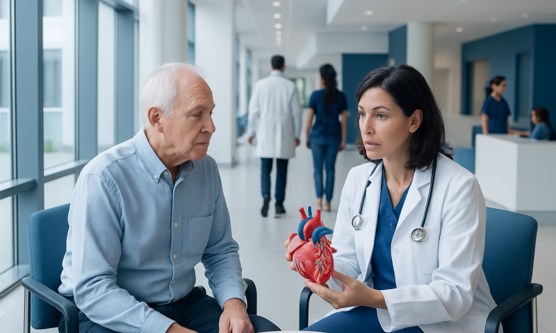 Doctor explaining heart anatomy to elderly patient in hospital corridor.