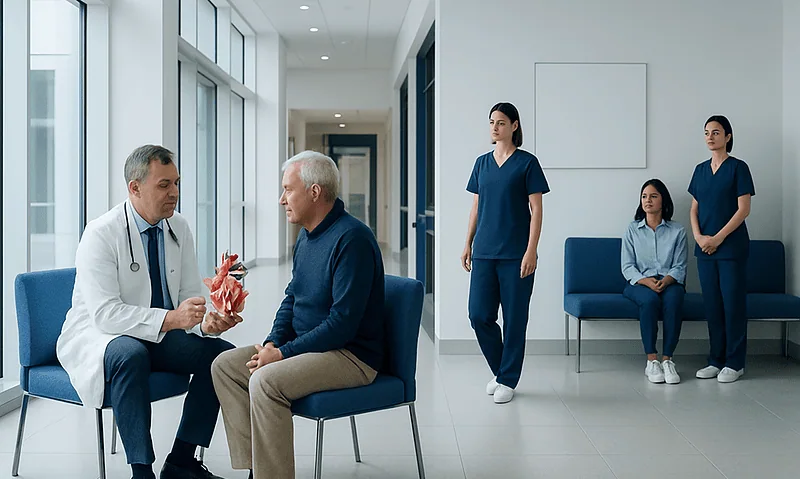 Doctor explaining heart condition to elderly patient in hospital corridor.