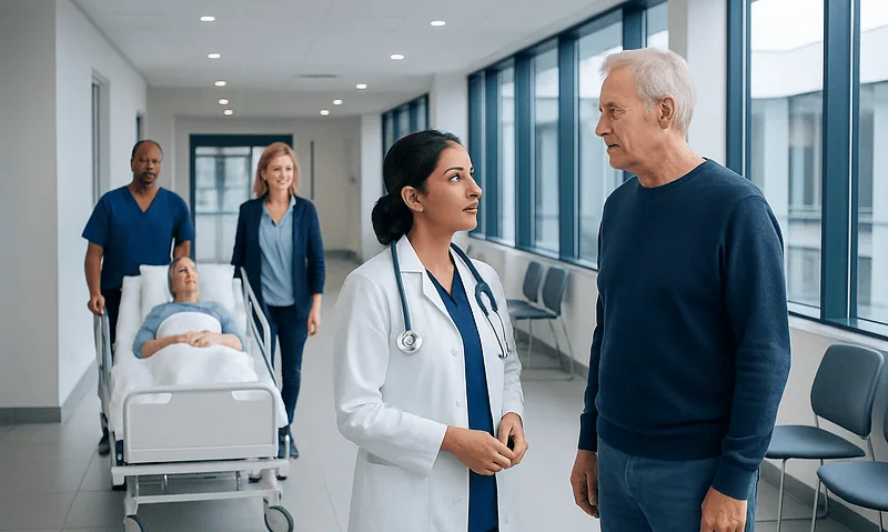 Doctor consulting with patient in hospital corridor with medical staff and patient bed in background.
