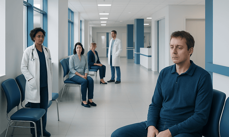 Patient experiencing emotional numbness in hospital corridor with medical staff nearby.