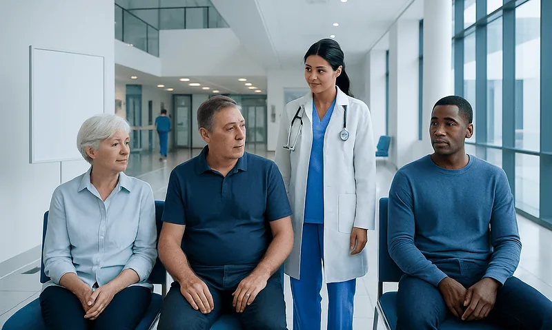 Aphasia: An Evidence-Based Guide for Patients 12 Healthcare professional consulting diverse patients in hospital corridor.