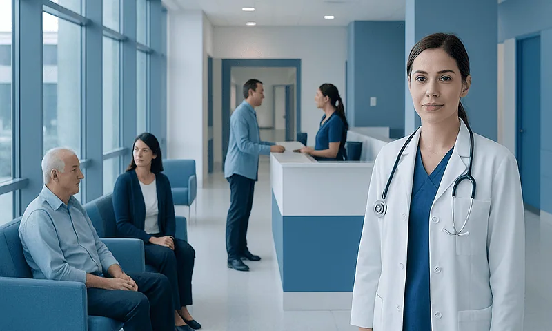 Healthcare professional in a hospital waiting area with patients and staff.