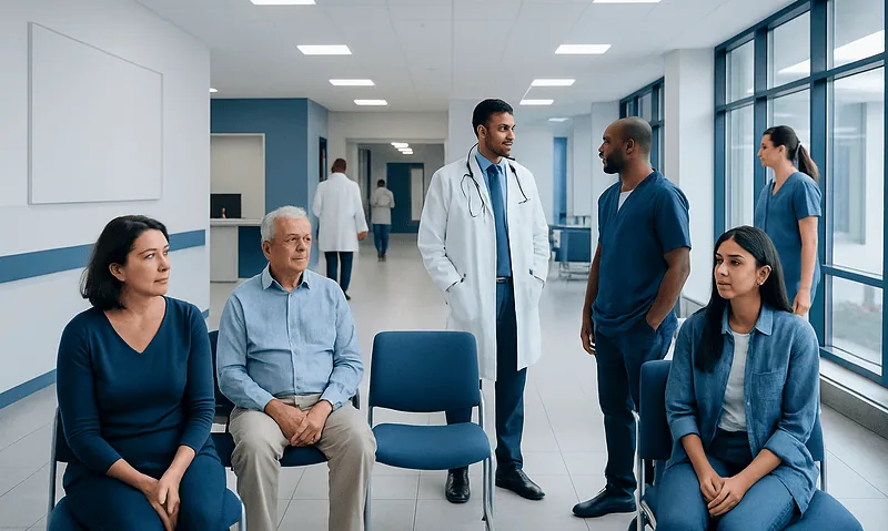 Medical team consulting with patient in hospital corridor.