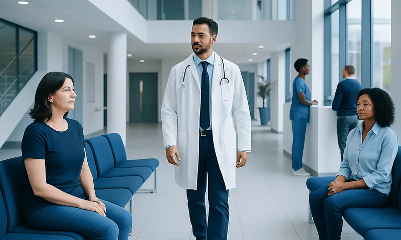Doctor consulting with female patient in hospital lobby.