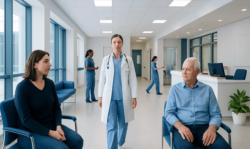 Medical consultation in a modern hospital waiting area with healthcare professionals and patients.
