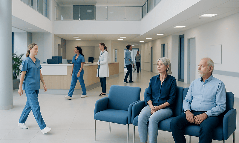 Modern hospital lobby with healthcare staff and patients.