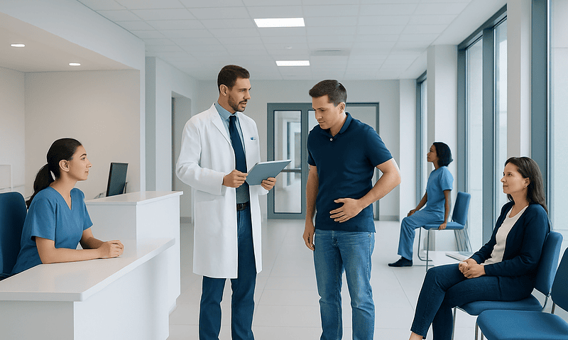 Doctor consulting with patient in hospital corridor with waiting area.
