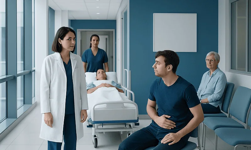 Hospital consultation with medical staff and patient in a modern hospital corridor.