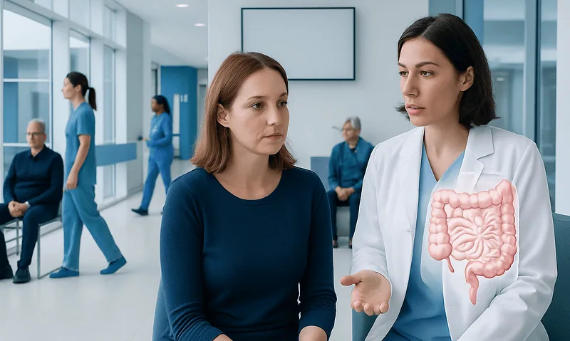 Doctor explaining intestinal health to patient in hospital setting.