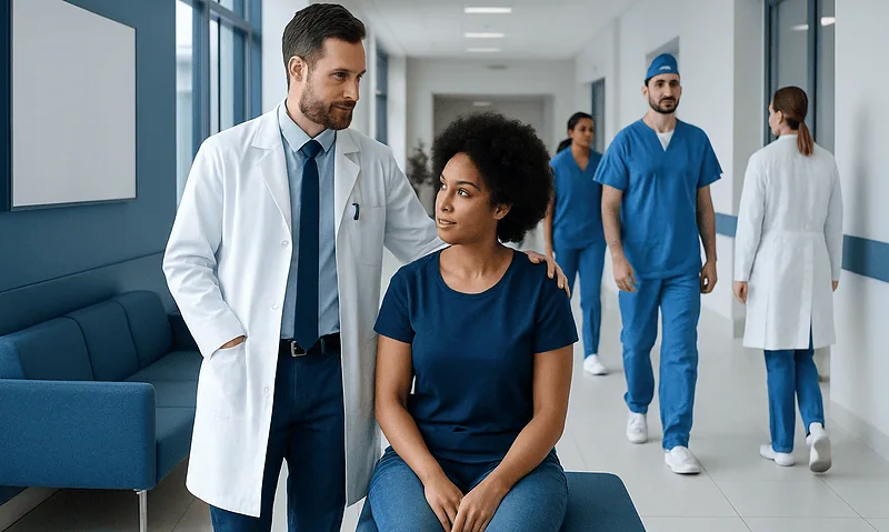 Doctor consulting a patient in a hospital corridor with medical staff in background.