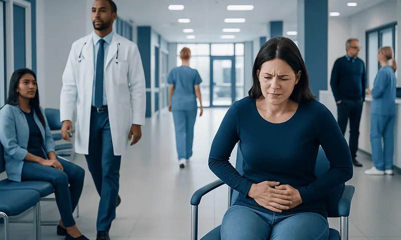 Woman experiencing abdominal pain in hospital corridor with medical staff nearby.